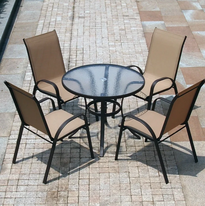 GARDEN FURNITURE SET ROUND GLASS TABLE & 4 FOLDING CHAIRS
