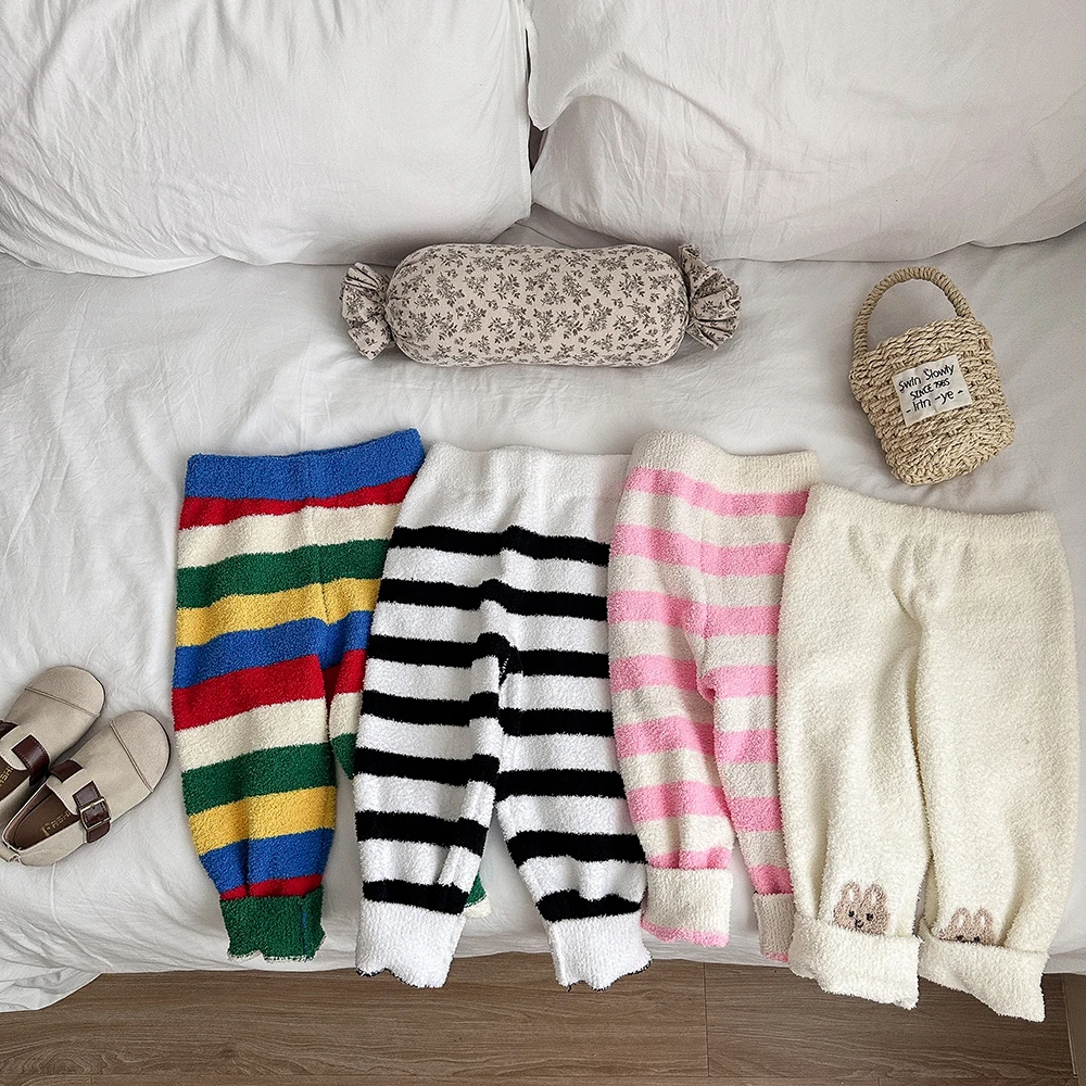 Purorigin Wholesale Cute Design Soft Terry Fluffy Winter Pyjamas Color Stripe Pullover Kids Pajamas Set 2 PCS With Long Pants