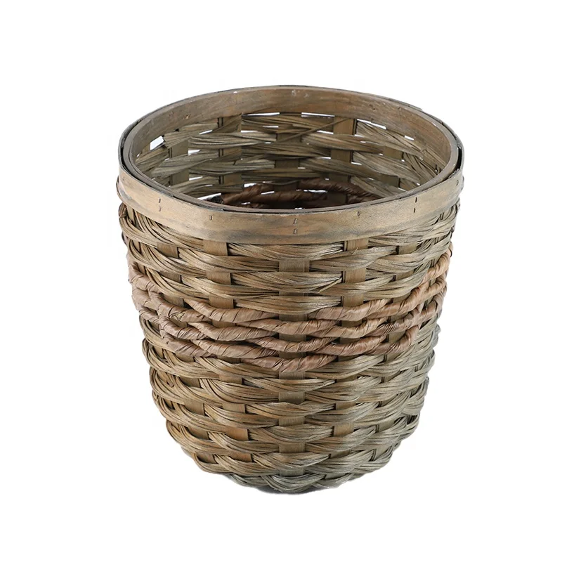 Customizable Round wood and Banana Leaf waste paper storage basket Handwoven Straw and wooden storage basket