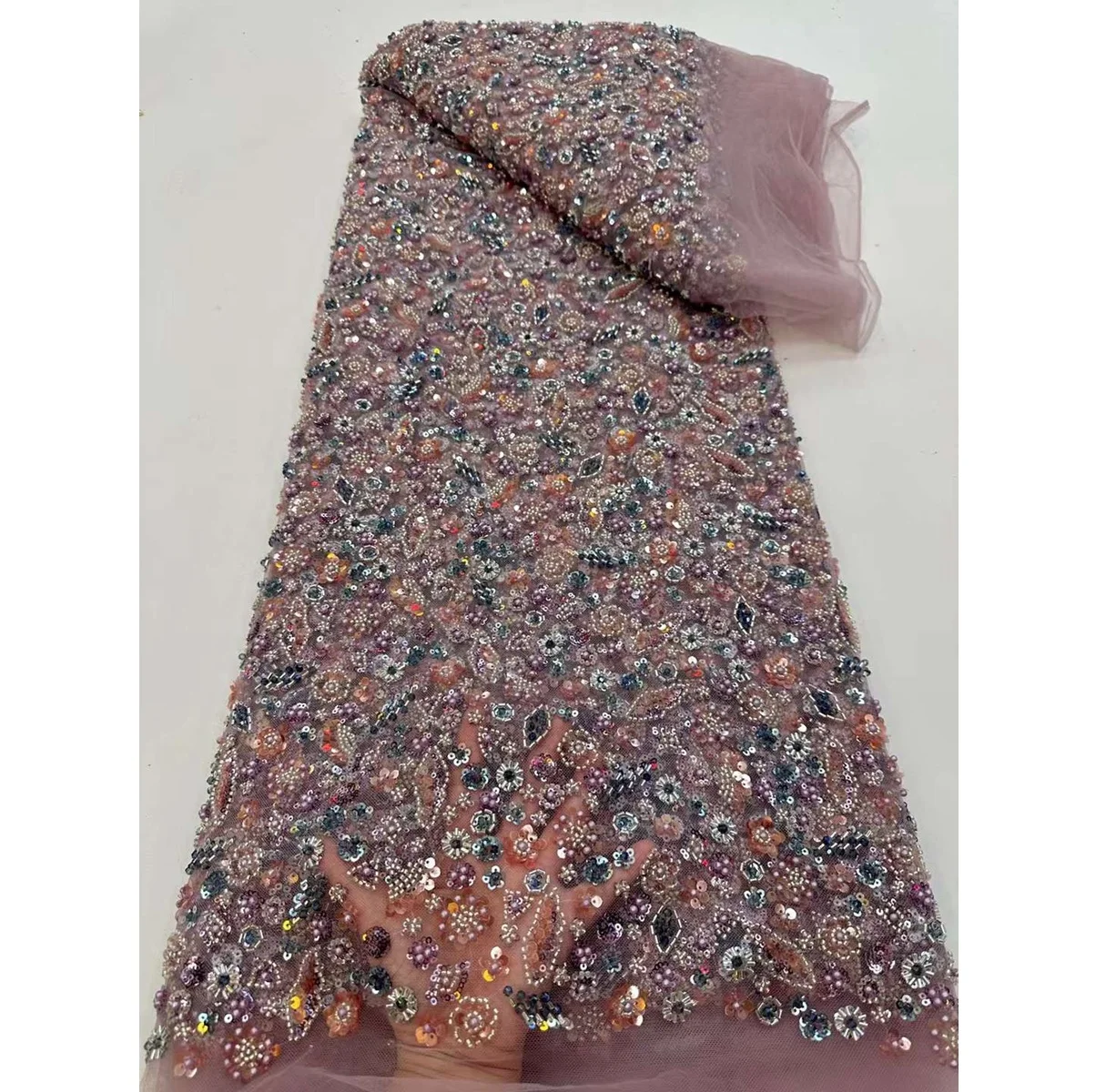 New Design Lace Fabric French Lace With Heavy Sequins And Beads Tulle Lace Fabric With Colorful Pattern For Dress