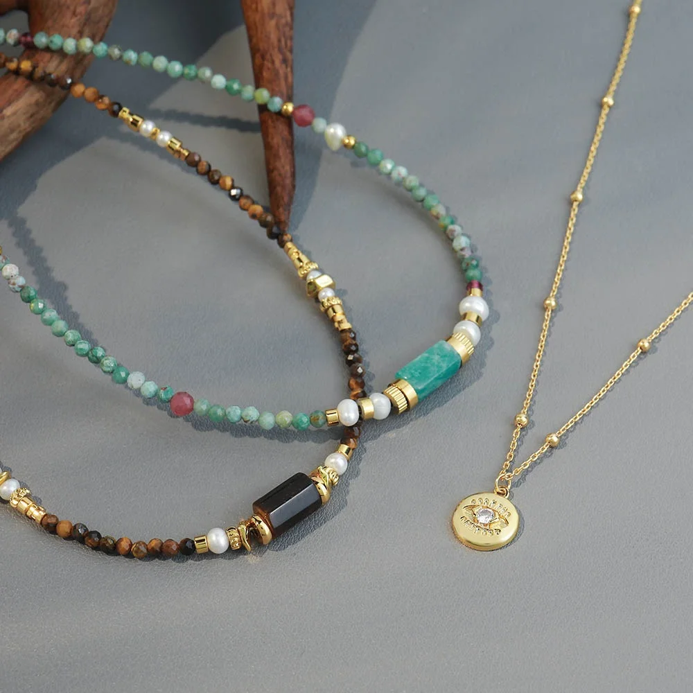 eye agate natural stone freshwater pearl natural turquoise long beaded necklace luxury jewelry, long necklaces , natural stone