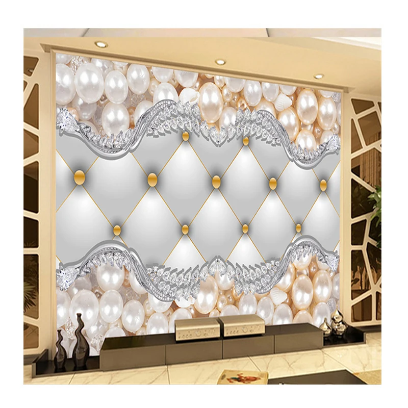 KOMNNI Custom 3d Wallpaper Mural European-Style Pearl and Diamond Flowers Living Room Background