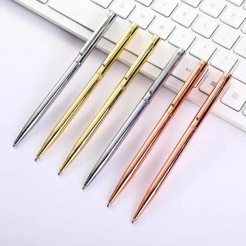 Free sample metal pen custom logo ballpoint pen thin twist smooth writing electroplating gold rose gold pens promotional