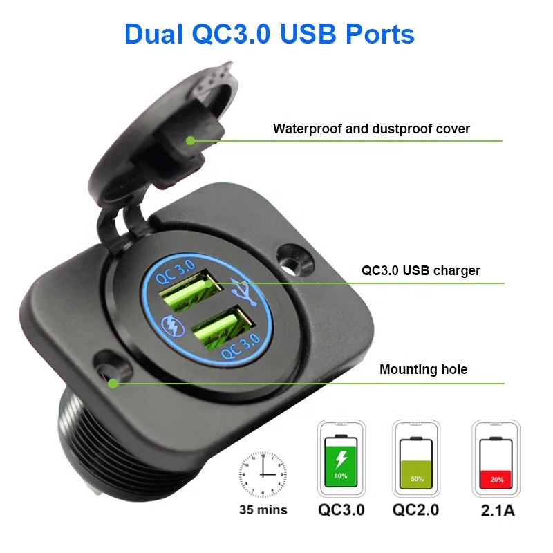 12v USB Outlet  48W USB Car Charger Socket Dual USB  QC 3.0 Car Socket