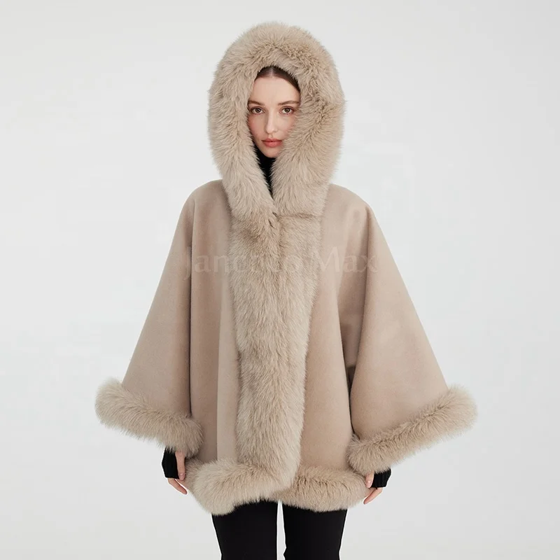 New Coming Real Fox Fur Poncho Women with Hood Cashmere Fur Shawl Cape