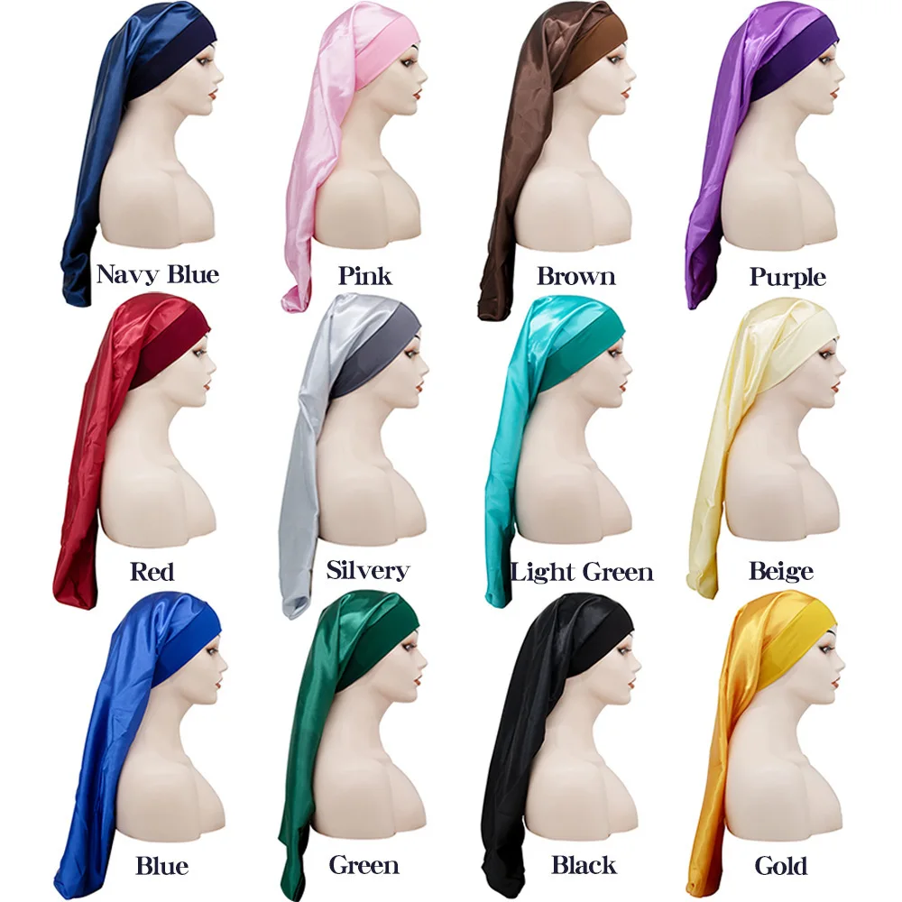 Long Women Hair Cap Wide Band Sleeping Night Hat Silk Hair Wraps Satin Bonnet