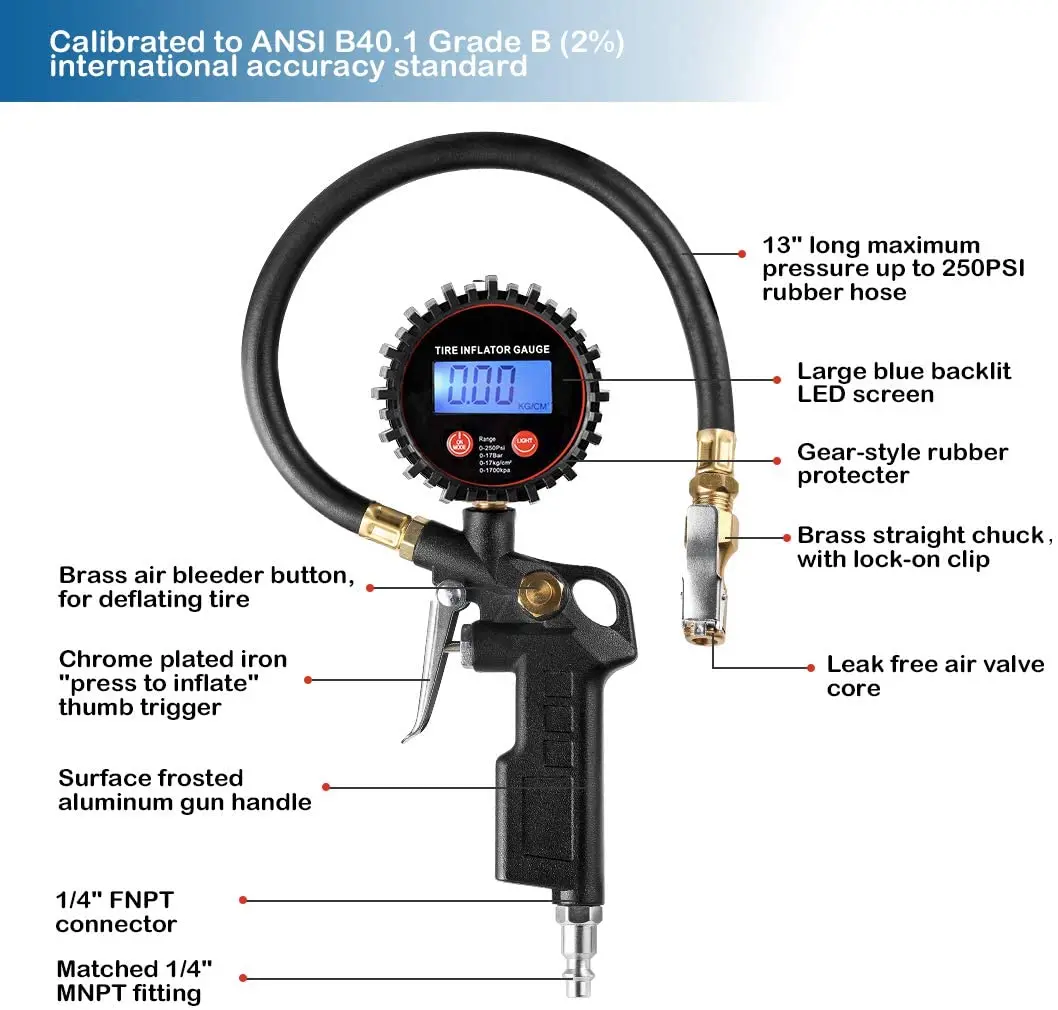 LED Display Tyre Deflator Gage Digital Tire Inflator Pressure Gauge Gun With Straight Brass Chuck Rubber Hose