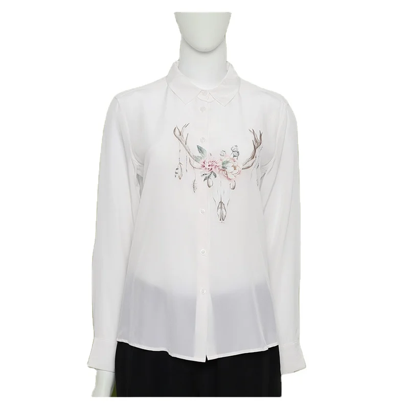Wholesale High Quality  Embroidery Flower Shirts  Long Sleeves Pure Silk Blouse for elegant women
