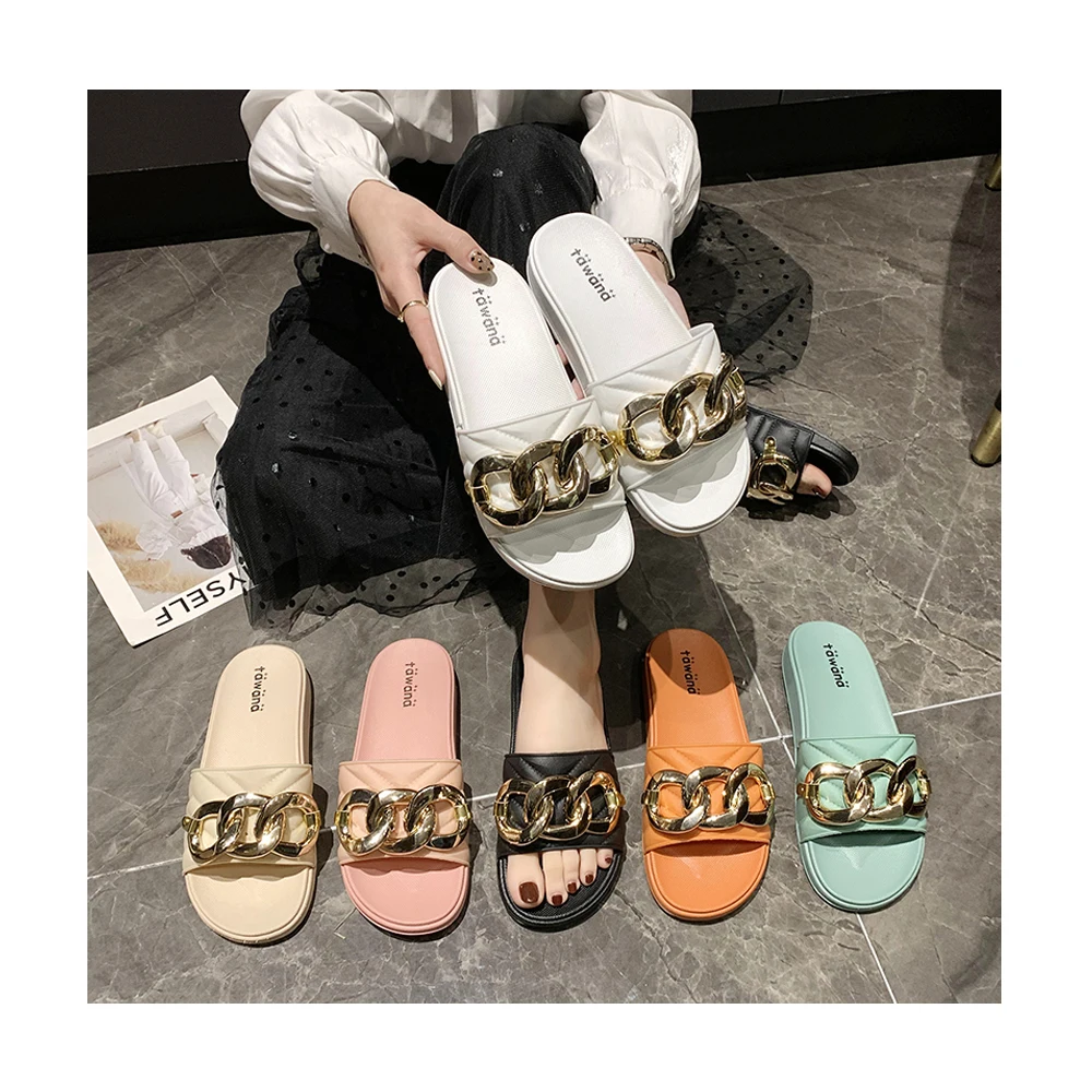 
 Z New Shoppe hot sell  multi color women slippers summer fashion trendy gold 3 rings chain sandals Beach shoes One-word slippers  