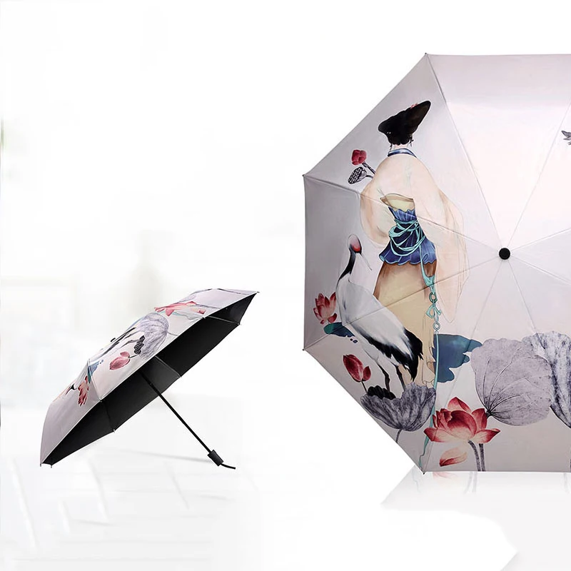 MOQ 5pcs UV protecting folding portable 3-folding custom printed insided umbrella