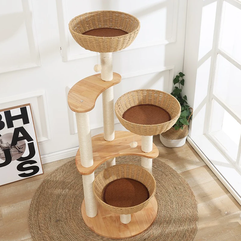 MPJ010 Luxury Multilayer Pet Play Furniture Activity Center Cat Condo Cat Scratching Post Rattan Woven Solid Wood Cat Tree