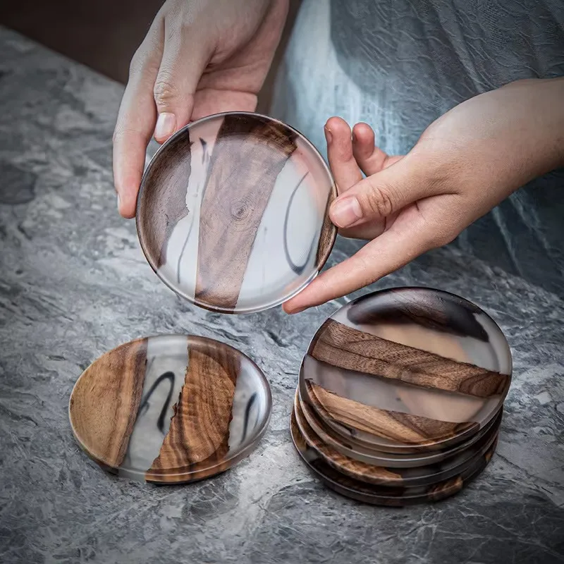 Creative Tea Coaster Tea Coffee Cup Pad Placemats Decor Resin Walnut Wood Pure Natural Heat Resistant Square Circle Drink Mat