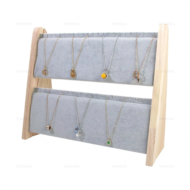 SHI SHENG Bamboo Wooden Pu Leather Long Chain Necklace Easel Showcase Display Board for Necklace Pendant Display Storage Holder