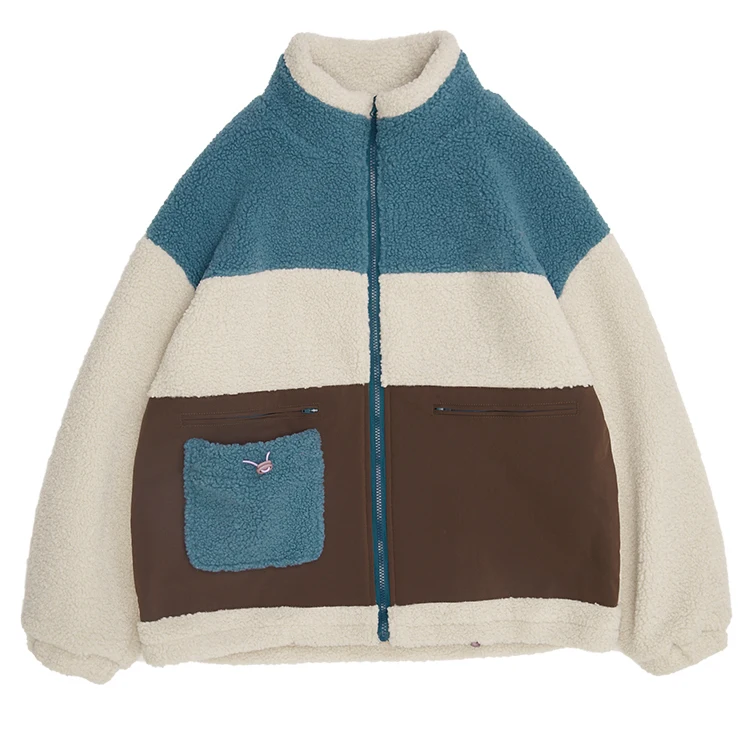 Patchwork colorblock printed zipper custom varsity vintage sherpa fleece bomber jacket