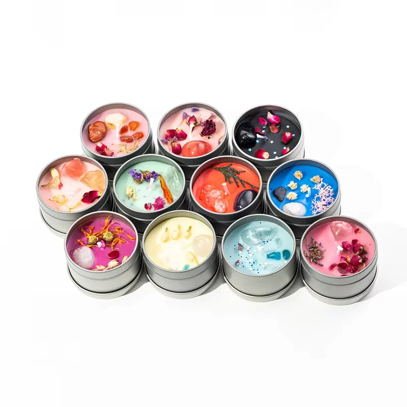 Luxury Custom Dry Flower Crystal Aroma Candle Private Label Tin Cans Scented Soy Wax Candles