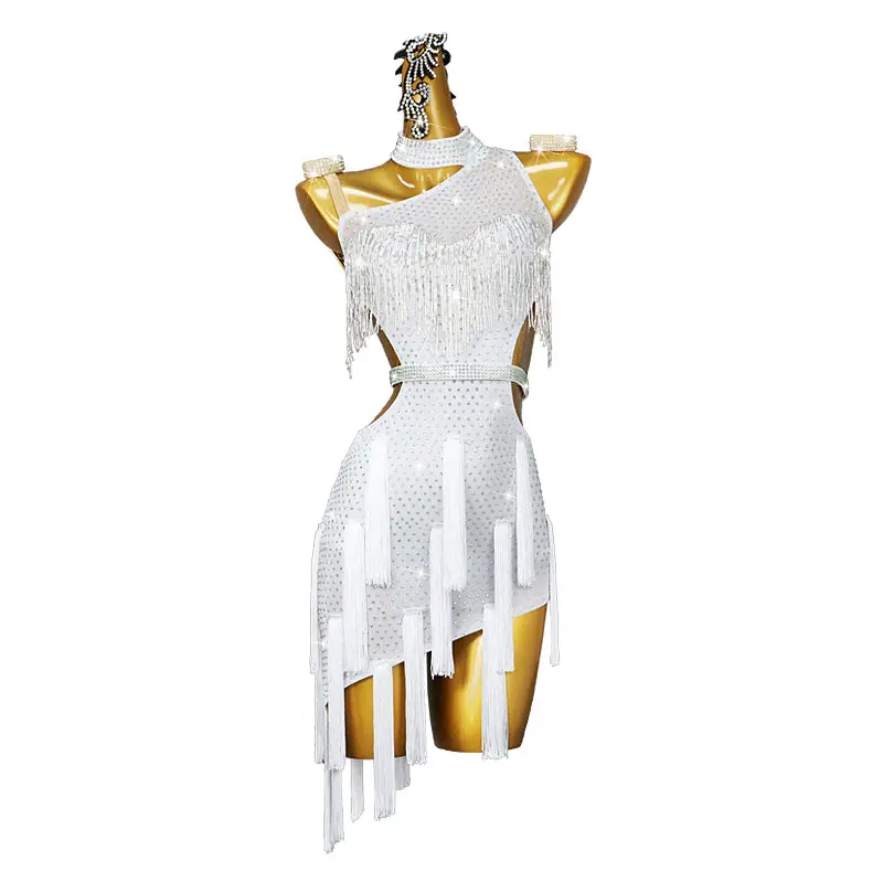 Women Latin Dance Skirt Stage Performance Dress Rhinestone Tassels Dance Dress Latin Costume