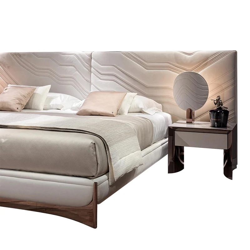 Luxury Bedroom Furniture Modern Upholstered Leather Italian Bed With Extended Headboard King Size White Leather Bed