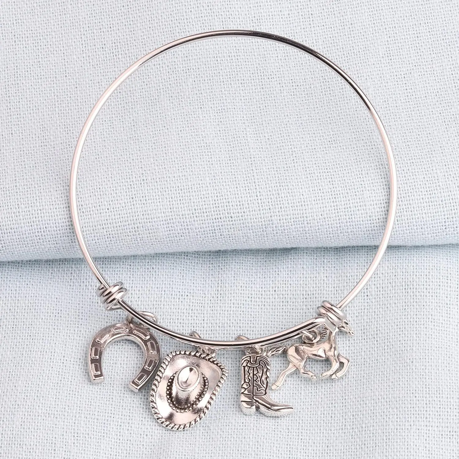 Manufacturer Stainless Steel Horseshoe Charm Stacking Expandable Wire Bracelet Cowboy Boots Hat Horse Pendant Adjustable Bangle
