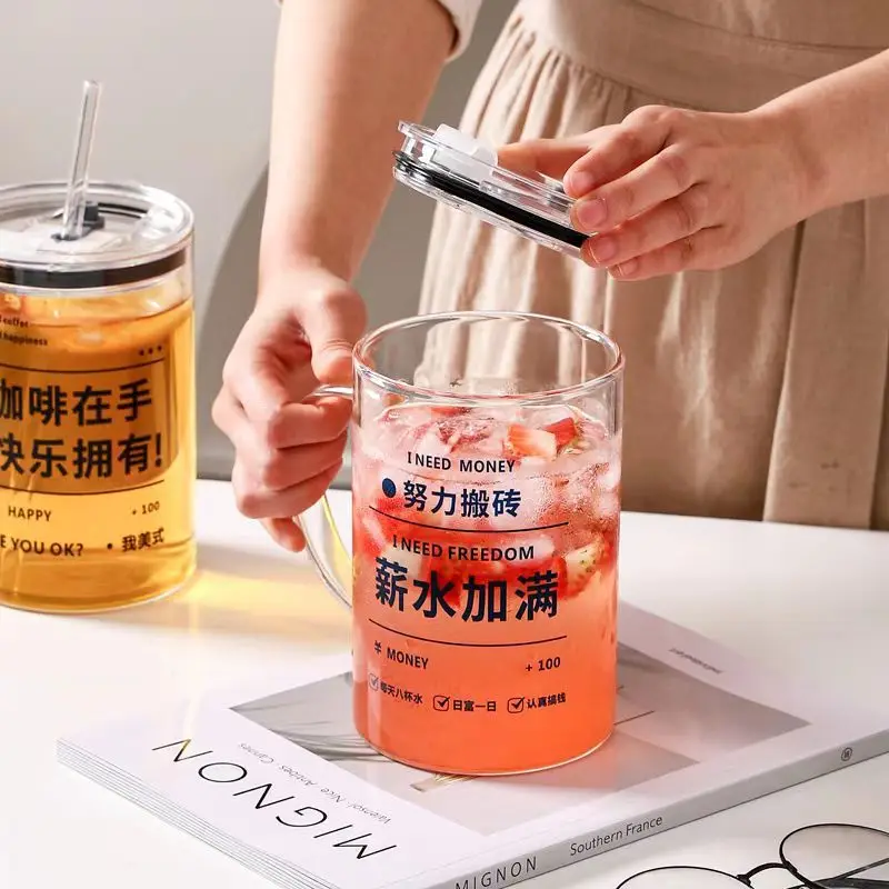 1000 ml High borosilicate glass cup with lids and straws,large belly cup, milk cup, heat-resistant glass handle cup