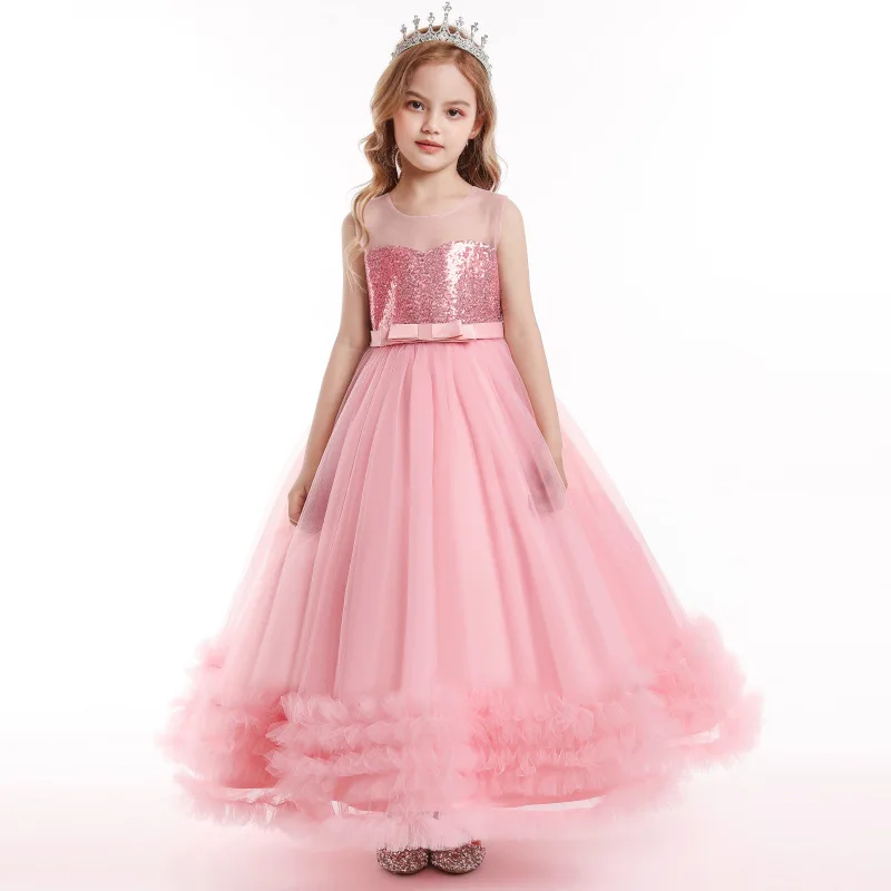Graduation Party Children Sleeveless Vest Long Layered Dress Pink Sequin Princess Dress For Girls