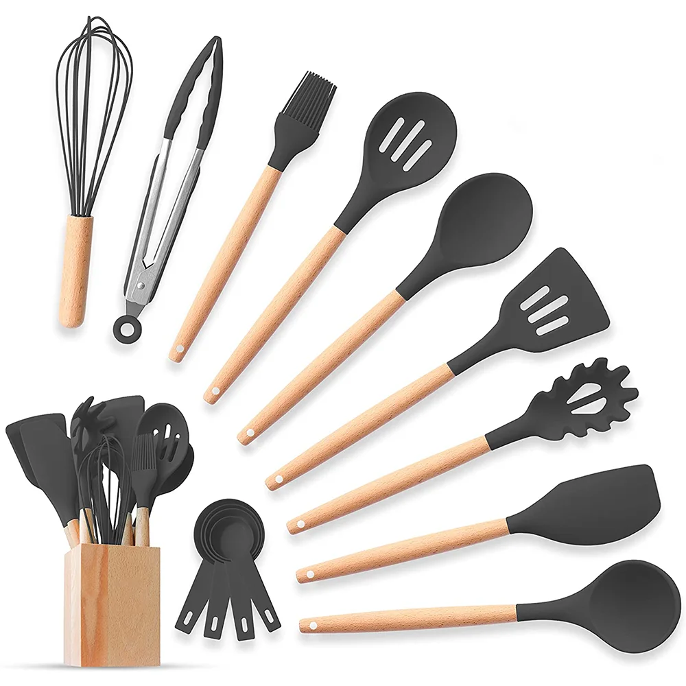 Premium high quality heat resistant 20pcs Silicone Kitchen utensils set cooking tools Gadgets with Wooden Holder Non Stick