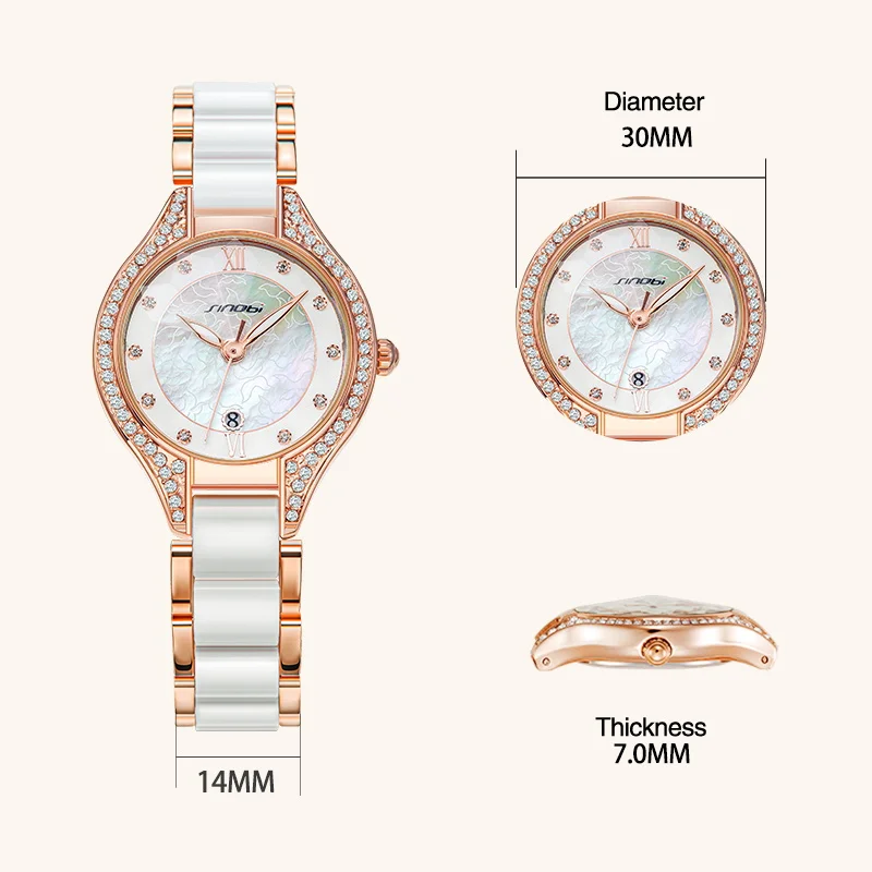 SINOBI Fancy Watch for Ladies S9857L Ceramic Alloy Rosy Strap Delicate Pearl Dial Lady Analog Bezel Iced Out Quartz Watches