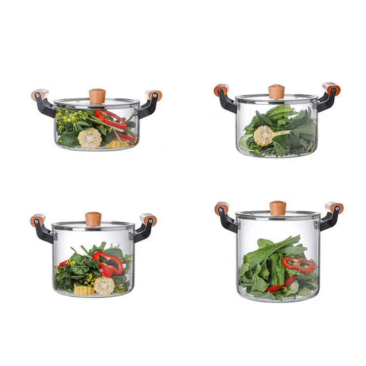 2.5L 3.5L 4.5L 5.5L Food Grade Thickening Borosilicate Glass Stovetop Cooking Pot Glass Saucepan Casserole With Wooden Handle