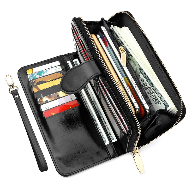 
New Style RFID Blocking Leather Large Capacity Clutch Purse Women Wallet with Strap 