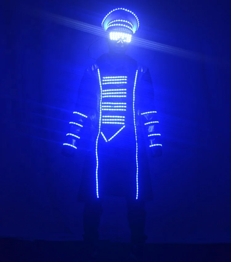LED robot suit LED blue light clothes military uniform night club bar wine clothing  military cap KTV show future technology