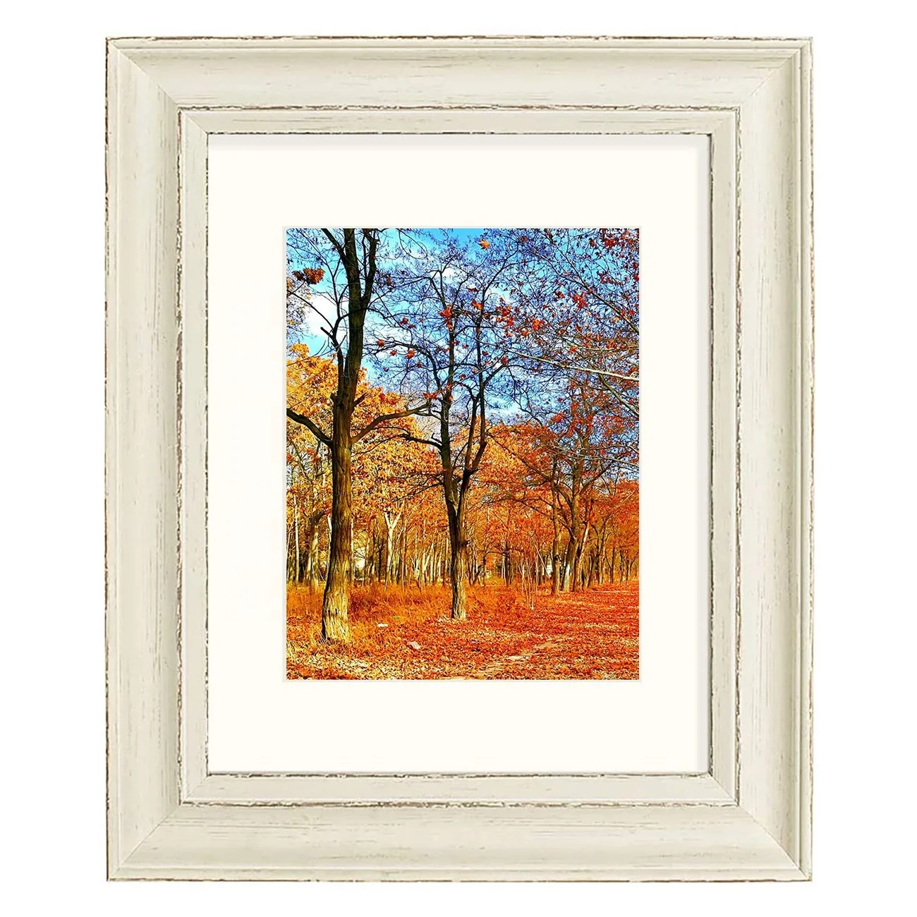 Wooden Rustic 11x14 Cream Color Photo Frame, Shabby Chic Distressed Wood Grain Pattern 2-inch Width with Ivory Mat for 8x10 Decor