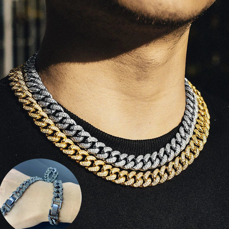 Fashion Jewelry  accessories Double row full drill hip hop Cuban chains for Men crude chain link necklace