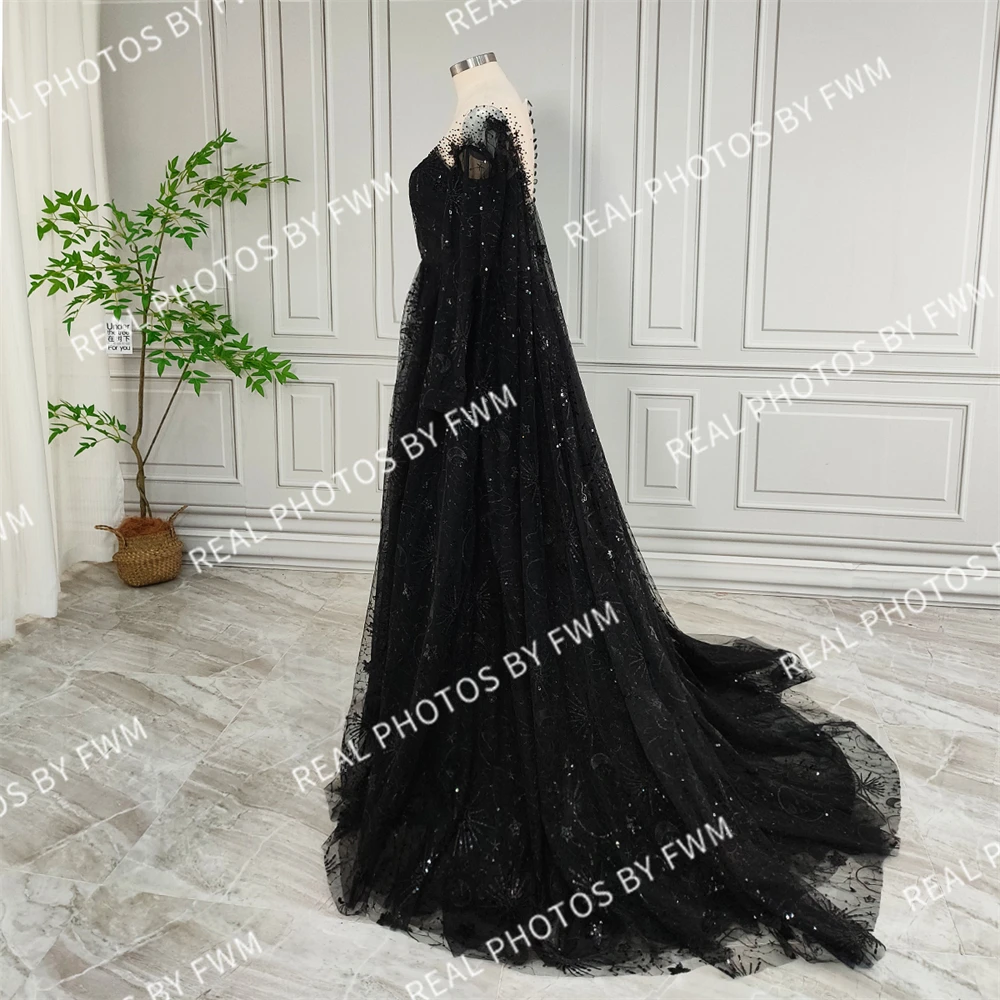 100% Real Photos High Quality Black Stars Sequined Lace Wedding Dress For Bride Women Illusion Back Bridal Gown With Cape 2024