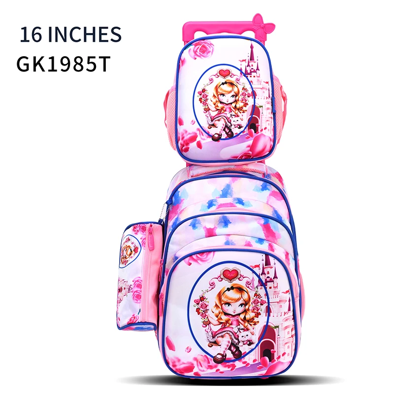 factory fashion original cartoon character design 16 inch trolley school bag set with lunch box and pencil case