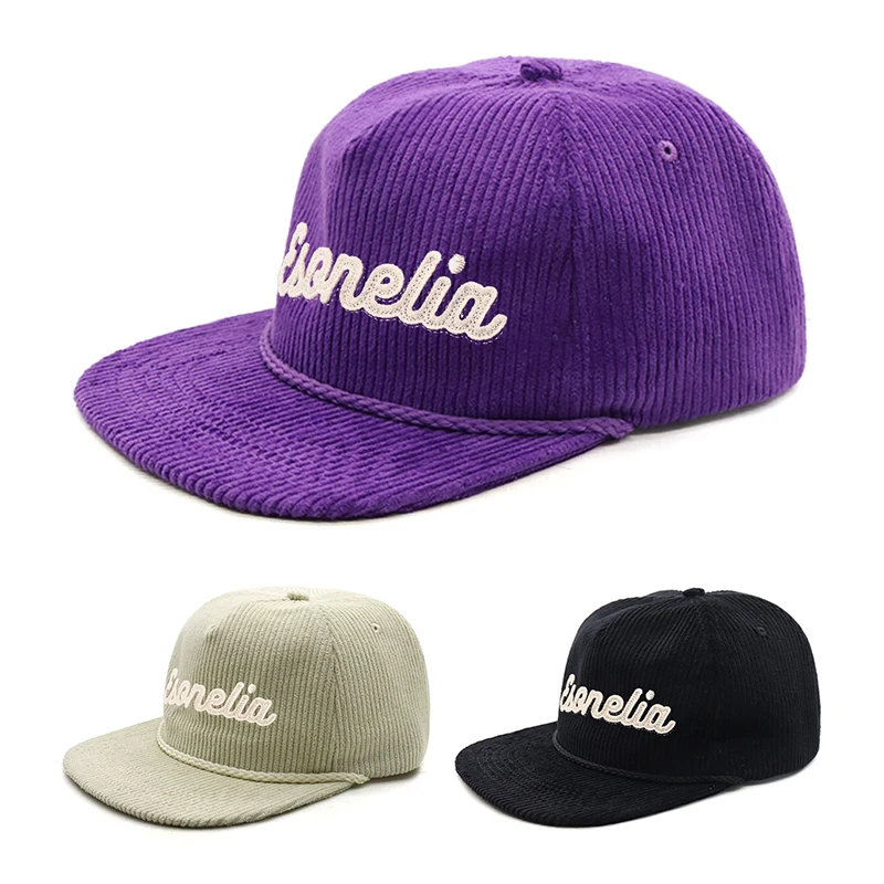 BSCI Factory Custom 5 Panel Unisex Flat Brim Snapback Hats Premium Corduroy Unstructured Snapback Caps with Rope