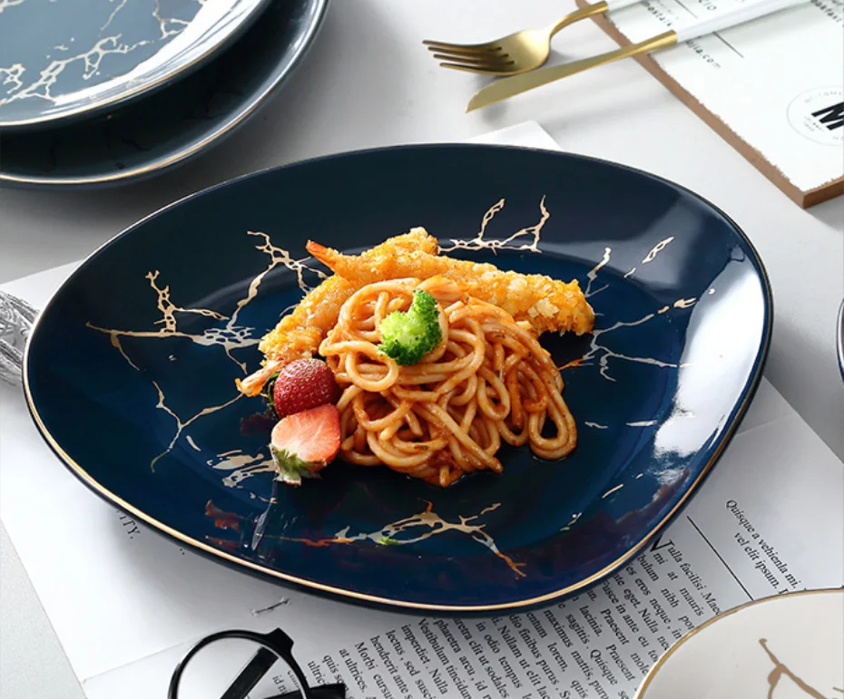 Wholesale Luxury Marbled Ceramic Nordic Style Tableware Bowls Dinner Plate With Gold Rim