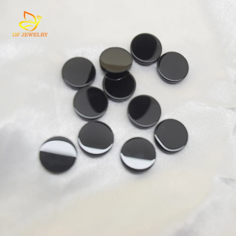 Round Double Flat Natural Black Agate For Earrings