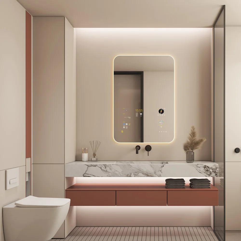 Customized Wall Mounted Smart Touch Screen Dimmer Bath Lights Led Bathroom TV Magic Mirror Silver Modern Rectangle Illuminated