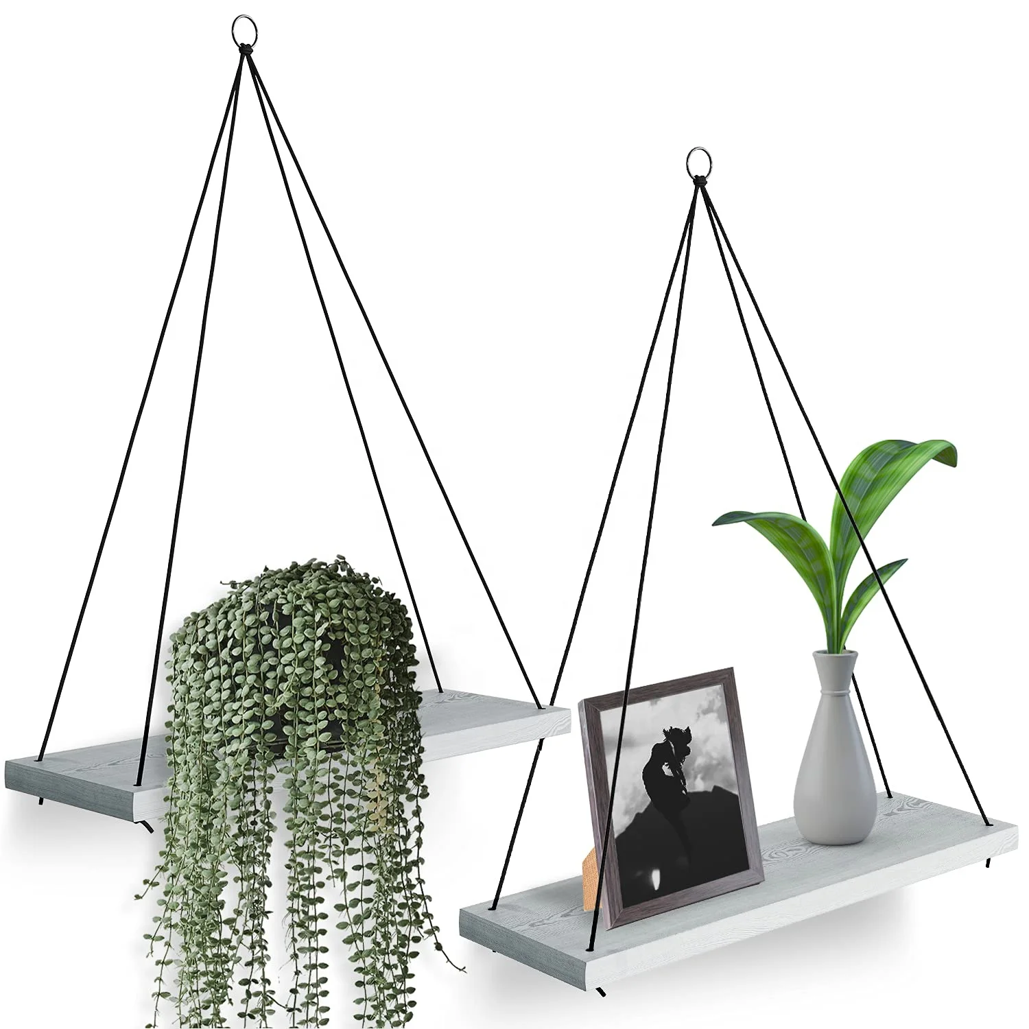 Living Room Furniture Set of 2 Swing Rope Hanging Plant Shelves Wall Set