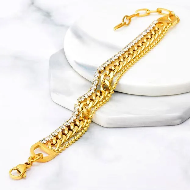 AFXSION Amazon hot Dubai gold jewelry, three-layer Cuban chain beaded chain and diamond bracelet stainless steel bracelet