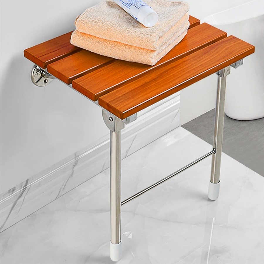 Wood And Stainless Steel Shower Chair Seat, Wooden Wall Mounted Type Collapsible Elderly Shower Seats Bathroom
