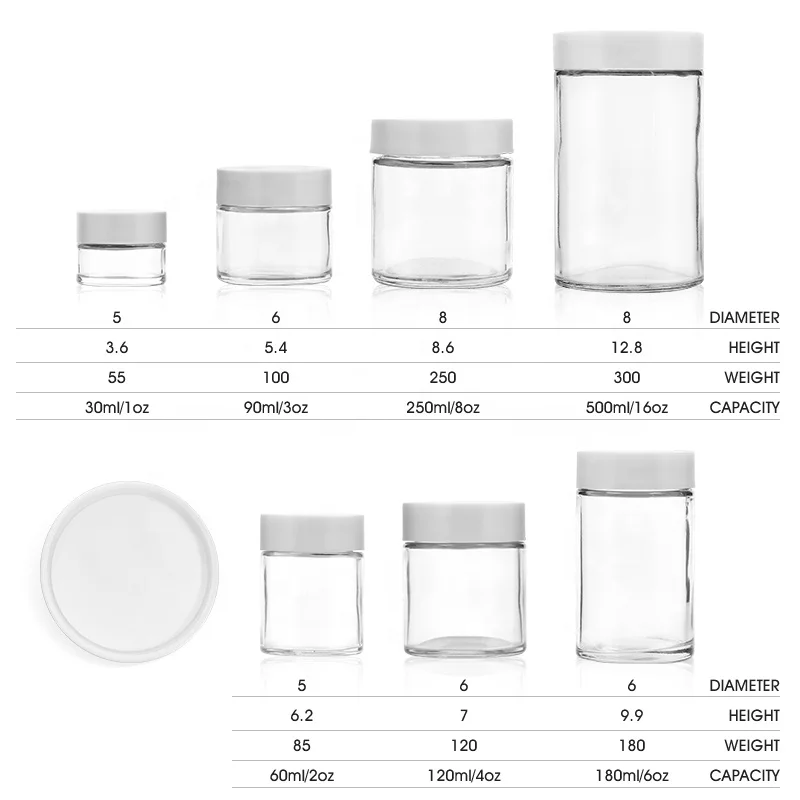 3.5g printing medicine clear round flower glass jar for skin cream  bottle with black matte or smooth screw lid 2oz 3oz 4oz