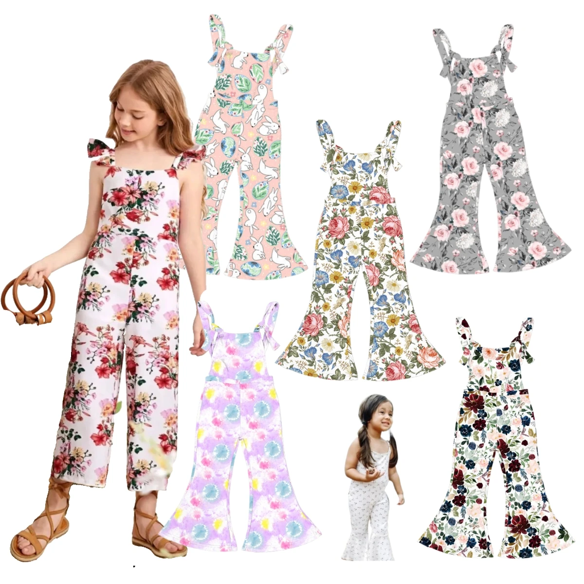 Patterned girls jumpsuits toddler girls jumpsuits with High-Waisted Design and Wide Hem for Girls