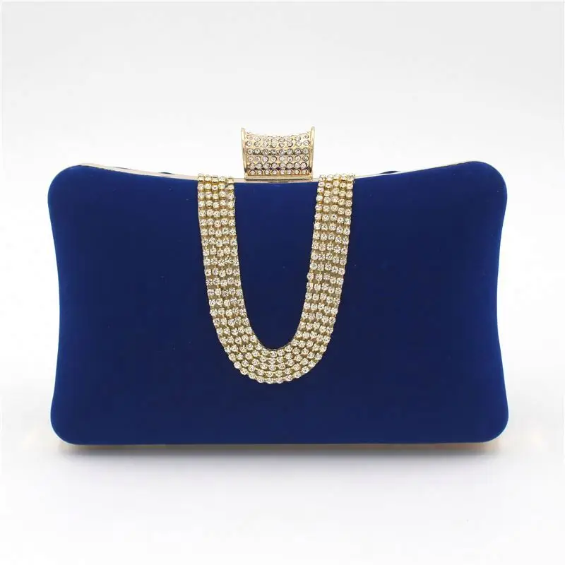 
Wholesales From China Factory Cheap Royal Velvet Crystal Beading Women Purse Big Boxed Evening Clutch Bag With Metal Strap 