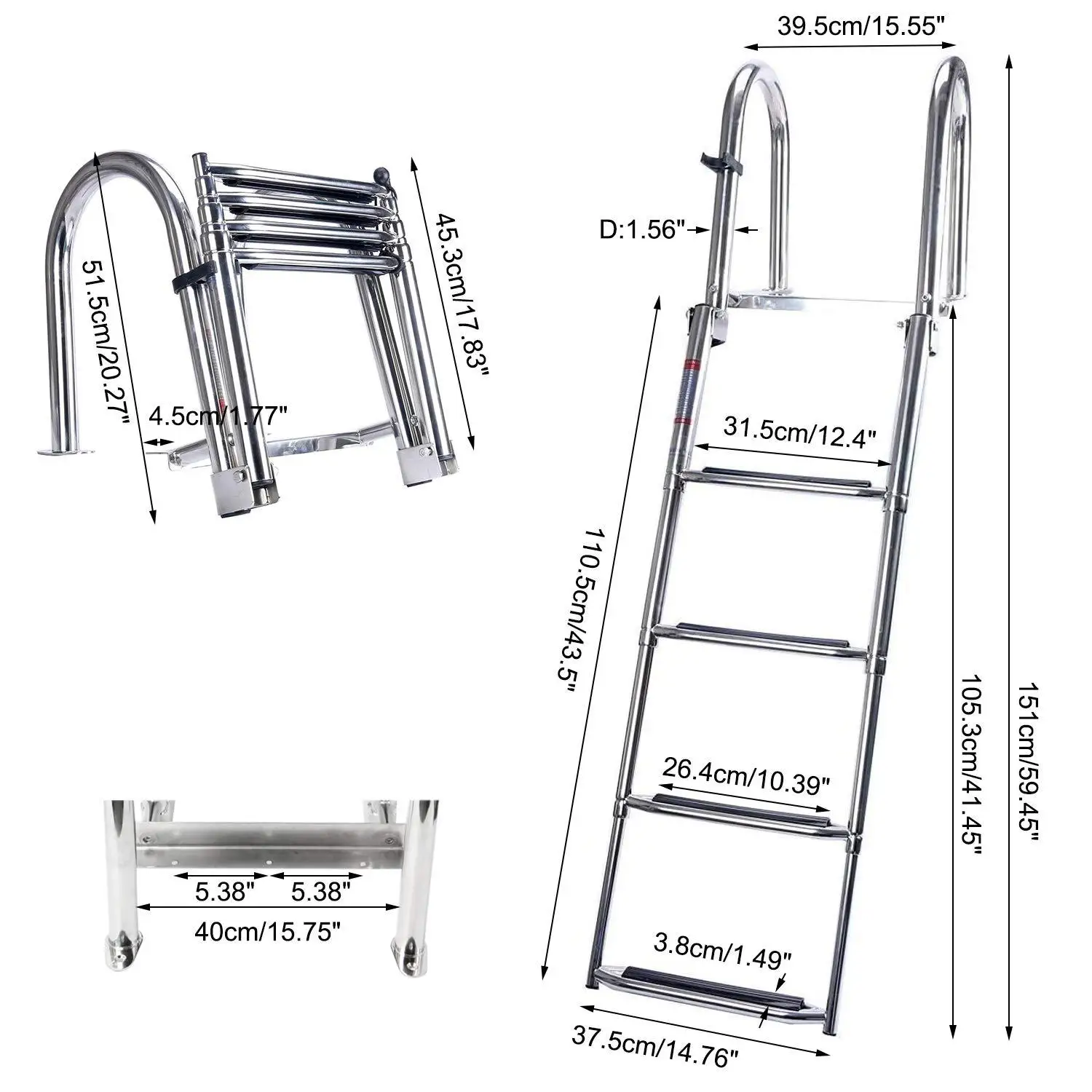 Stainless Steel Folding Ladder 4-step Telescopic Ladder With Handrail For Boat Yacht