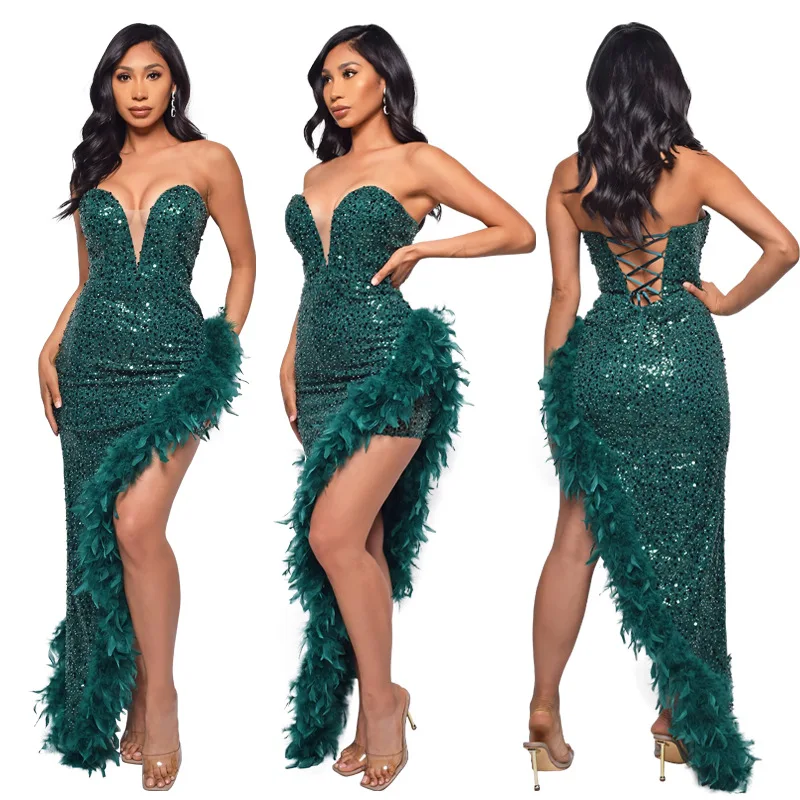 2024 Sexy girls strapless Sequin Dress evening dress elegant prom long bodycon evening dresses with feathers