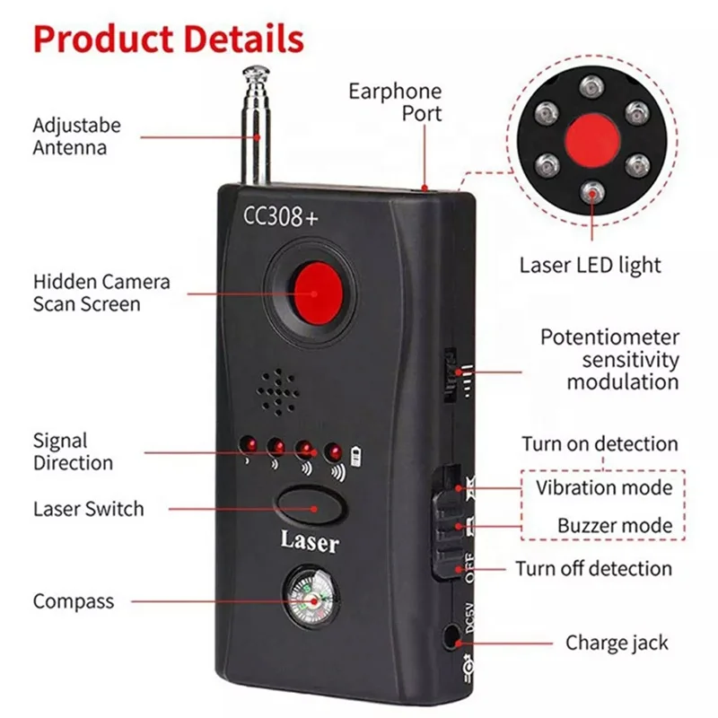 Handheld Cc308 High Sensitivity Hidden Camera Detector Anti Spy Built In 3D High Performance CPU Fast Locating Tracking Detector