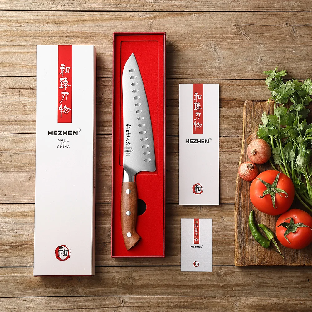 HEZHEN New High Quality Granton Edge Chef Knife German Stainless Steel Red Wood Handle Handmade Santoku Knives