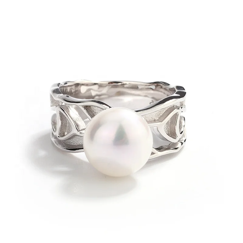 Kammy 10-10.5mm Custom Wholesale Designer Fashion Jewelry Irregular Hollow Out Minimalist Freshwater Pearl Rings For Man