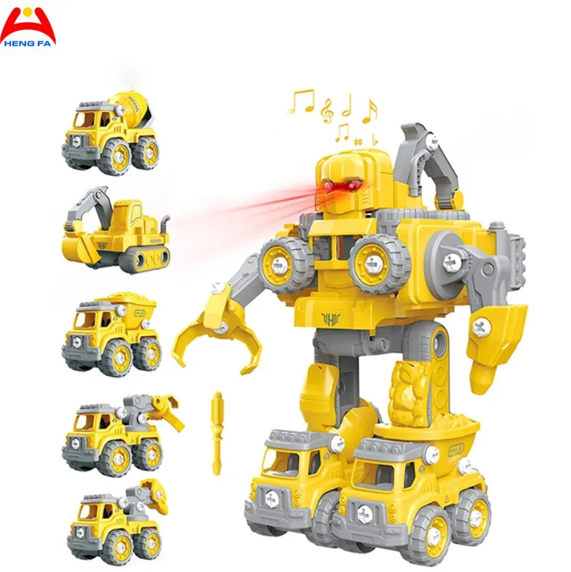 5 in 1 Deformation Construction Engineering Vehicle Toys Take Apart Robot Toys for Kids Educational Transform into Robot