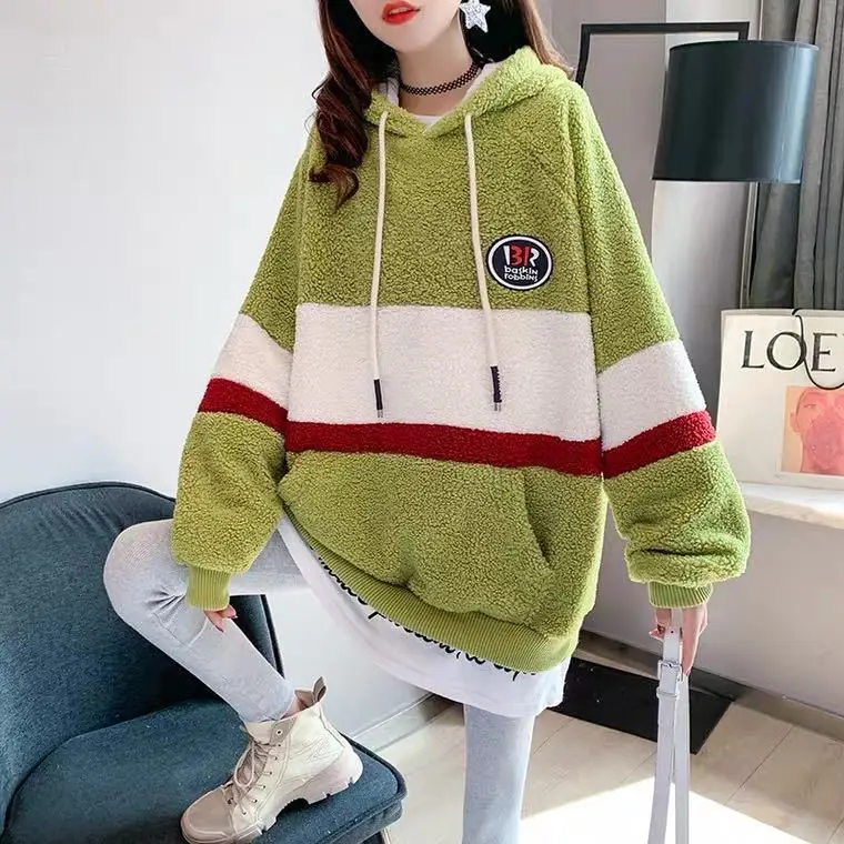 
Lamb wool hooded sweater women autumn and winter plus velvet loose Korean style lazy wind thick top coat 